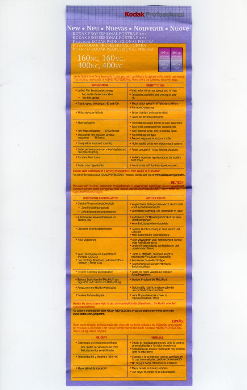 Kodak Ektacolor Pro Gold 220 film box leaflet