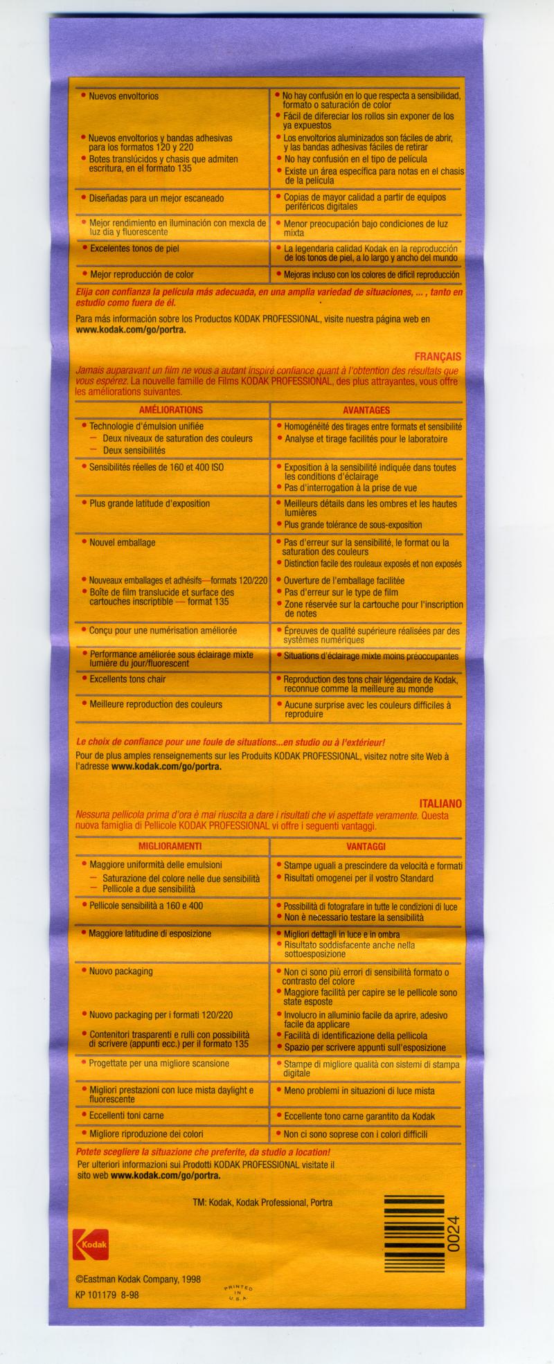 Kodak Ektacolor Pro Gold 220 film box leaflet