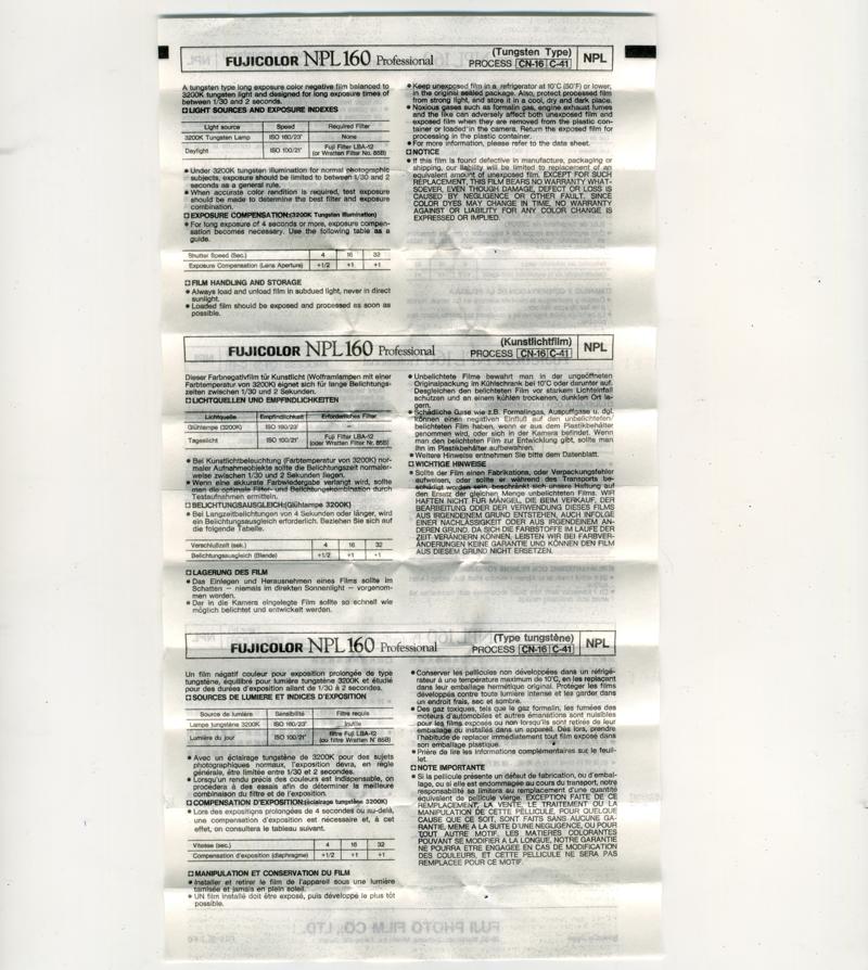 Fujifilm Fujicolor NPL 160 120 film box leaflet