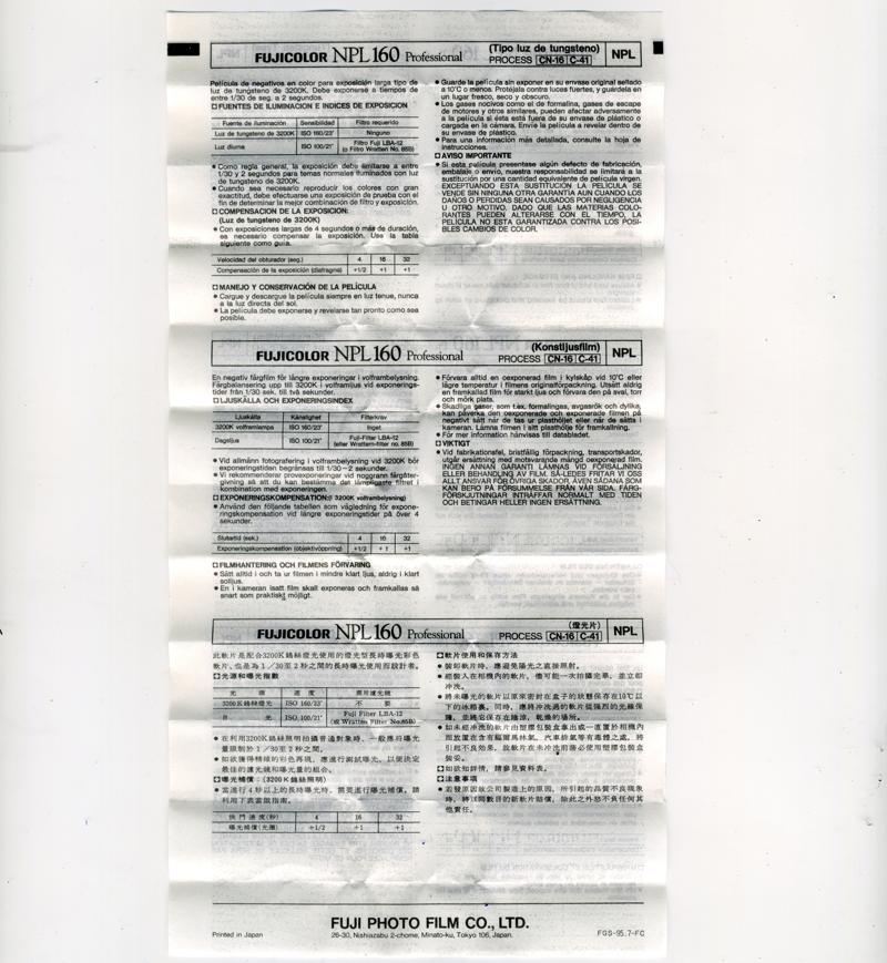 Fujifilm Fujicolor NPL 160 120 film box leaflet