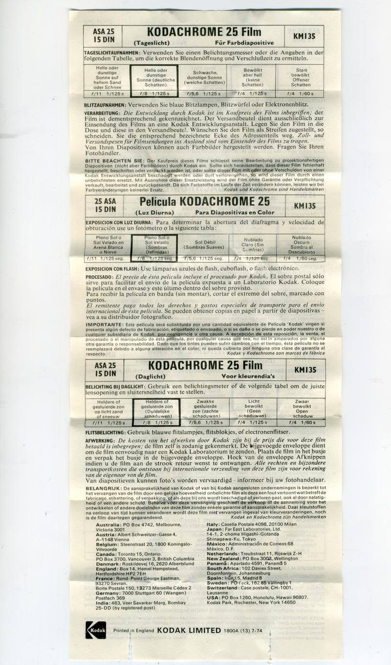 Kodak Kodachrome 35mm film box leaflet