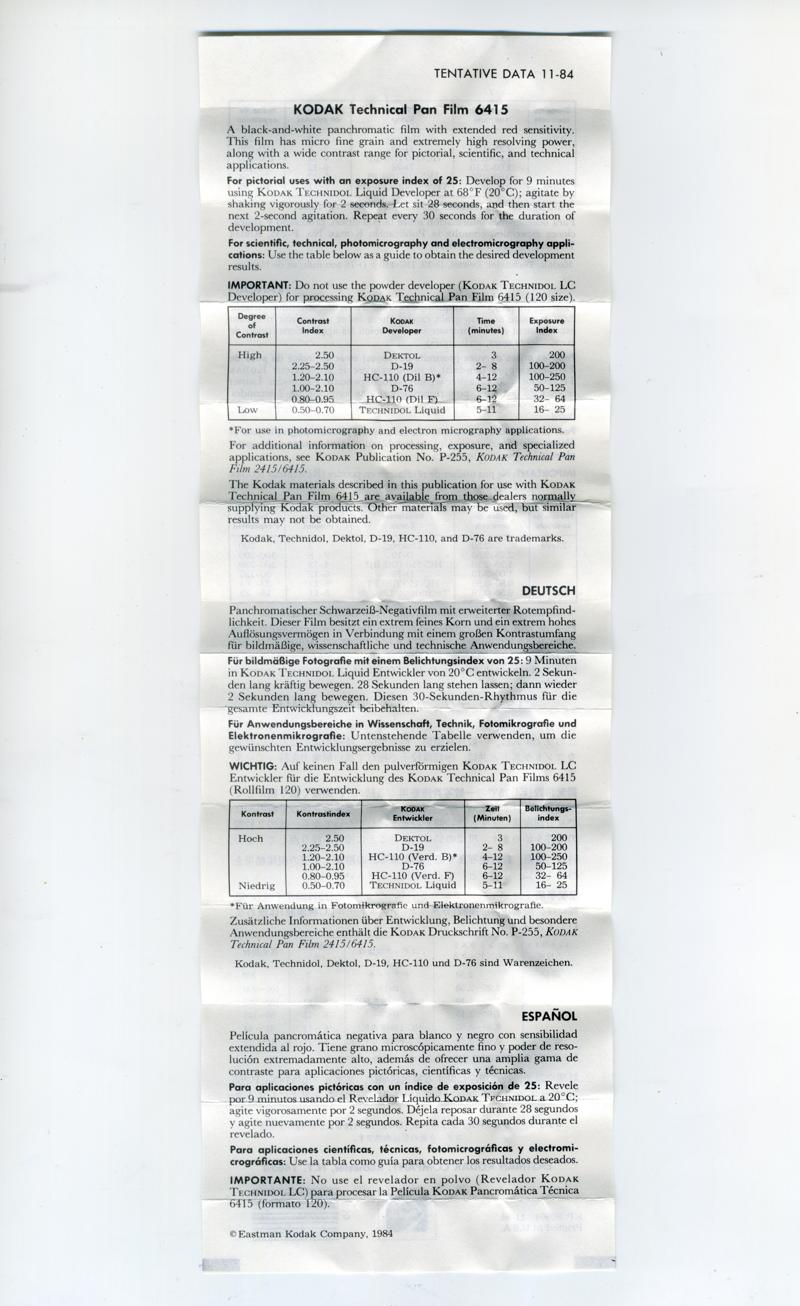 Kodak Technical Pan 6415 120 film box leaflet