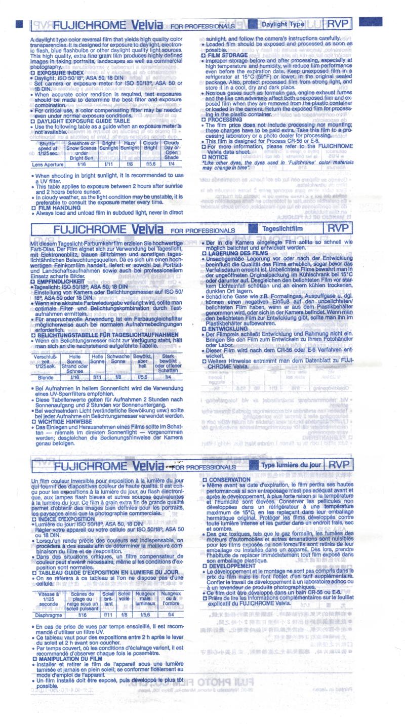 Fujifilm Velvia 35mm film box leaflet