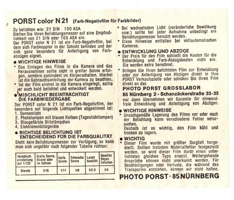 Porst Color N21 35mm film box leaflet