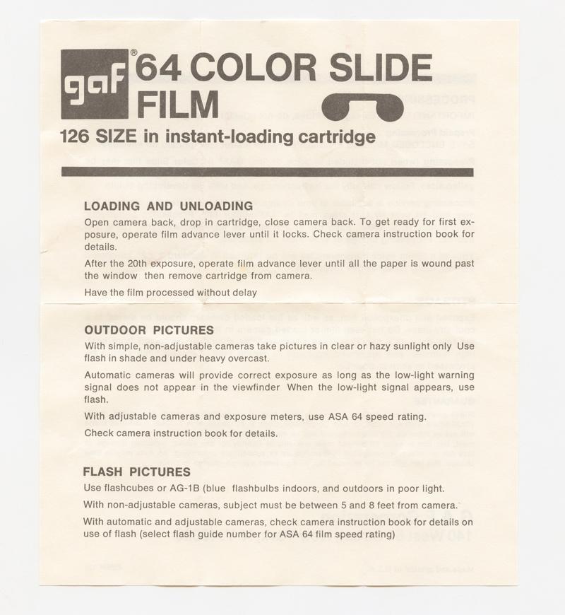 GAF Color Slide Film 126 film box leaflet