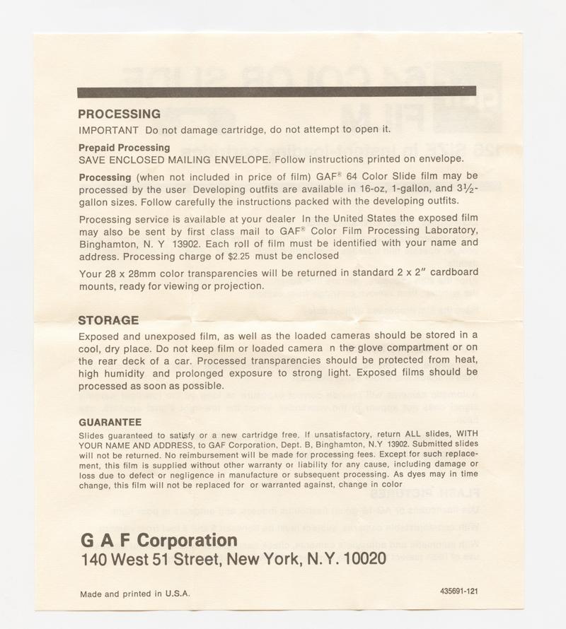 GAF Color Slide Film 126 film box leaflet