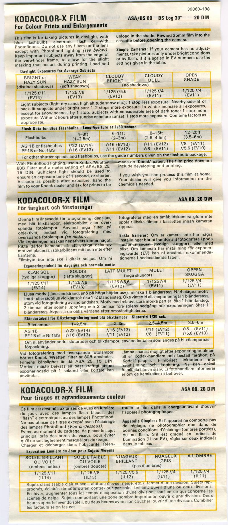 Kodak Kodacolor-X 120 film box leaflet