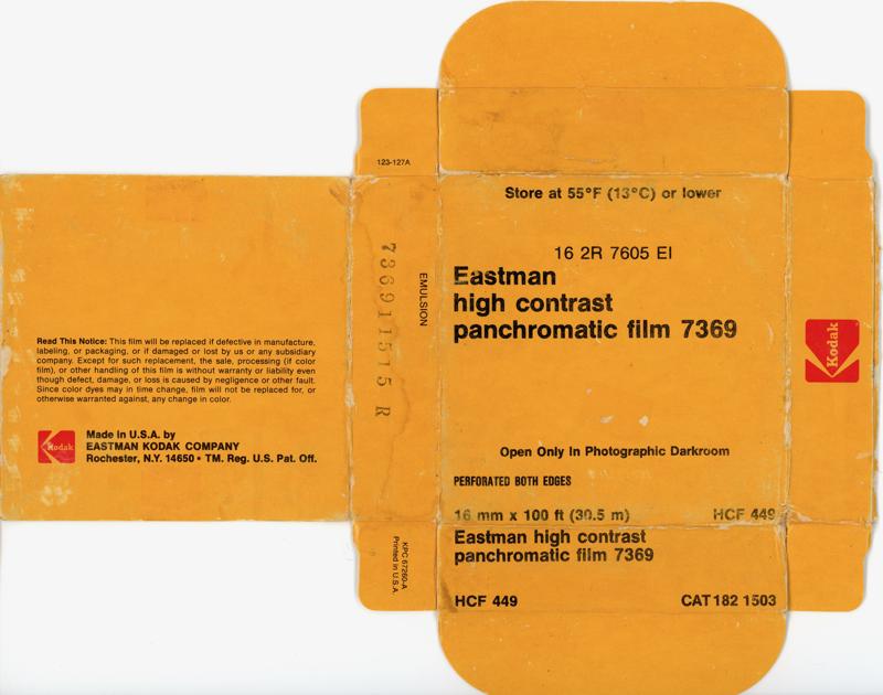 Kodak Eastman High Contrast Panchromatic 7369 16mm film box outside