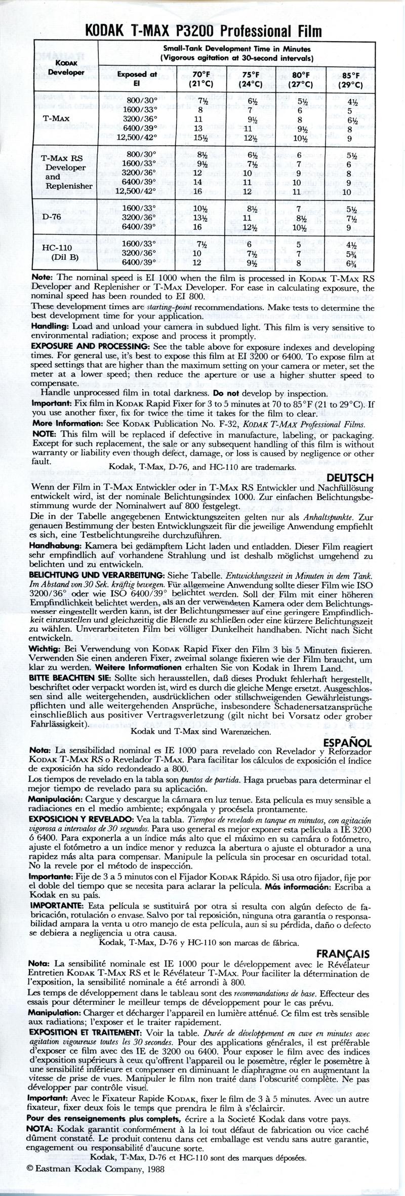 Kodak TMAX 35mm film box leaflet