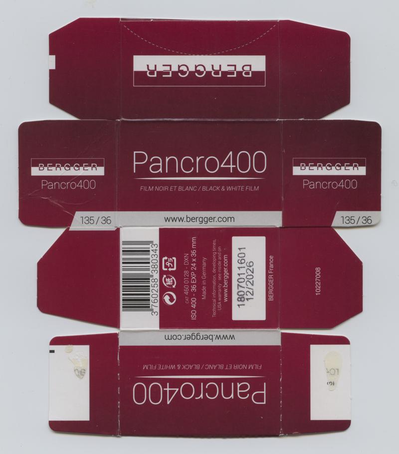 Bergger Pancro400 35mm film box outside