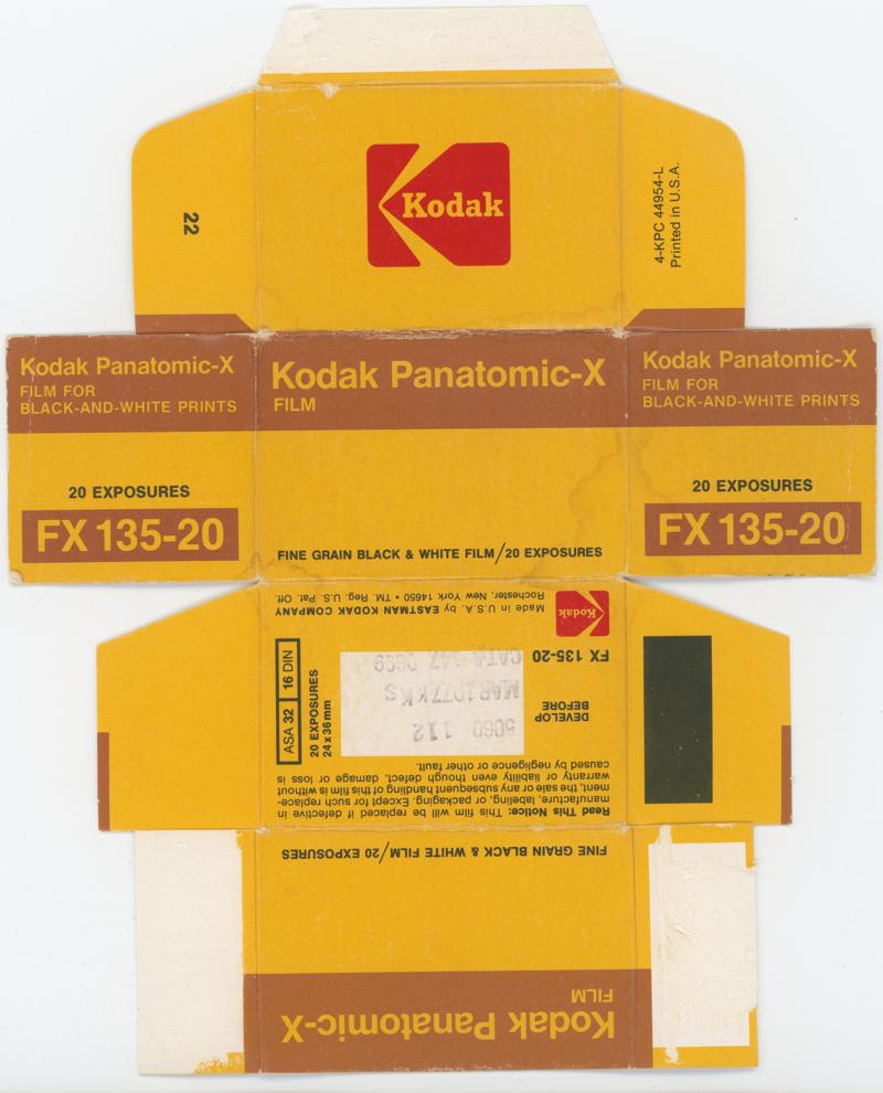 Kodak Panatomic-X 35mm film box outside