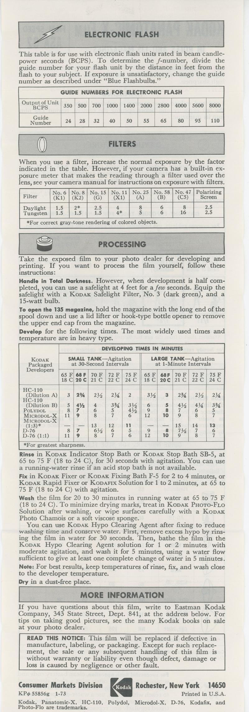 Kodak Panatomic-X 35mm film box leaflet