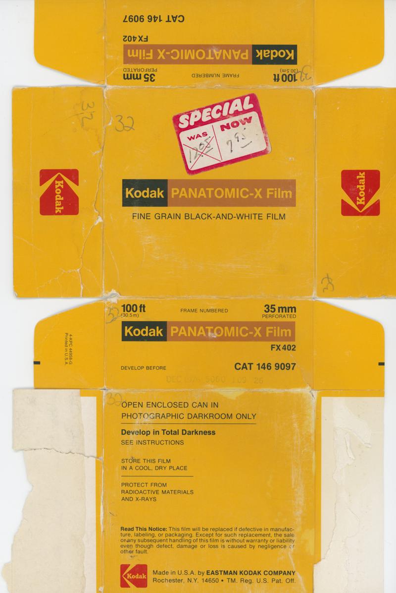 Kodak Panatomic-X 35mm film box outside