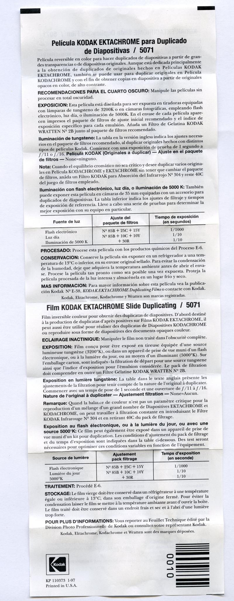 Kodak Ektachrome Slide Duplicating Film 35mm film box leaflet