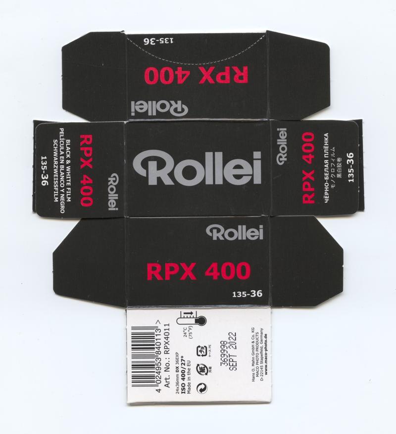 Rollei RPX 400 35mm film box outside