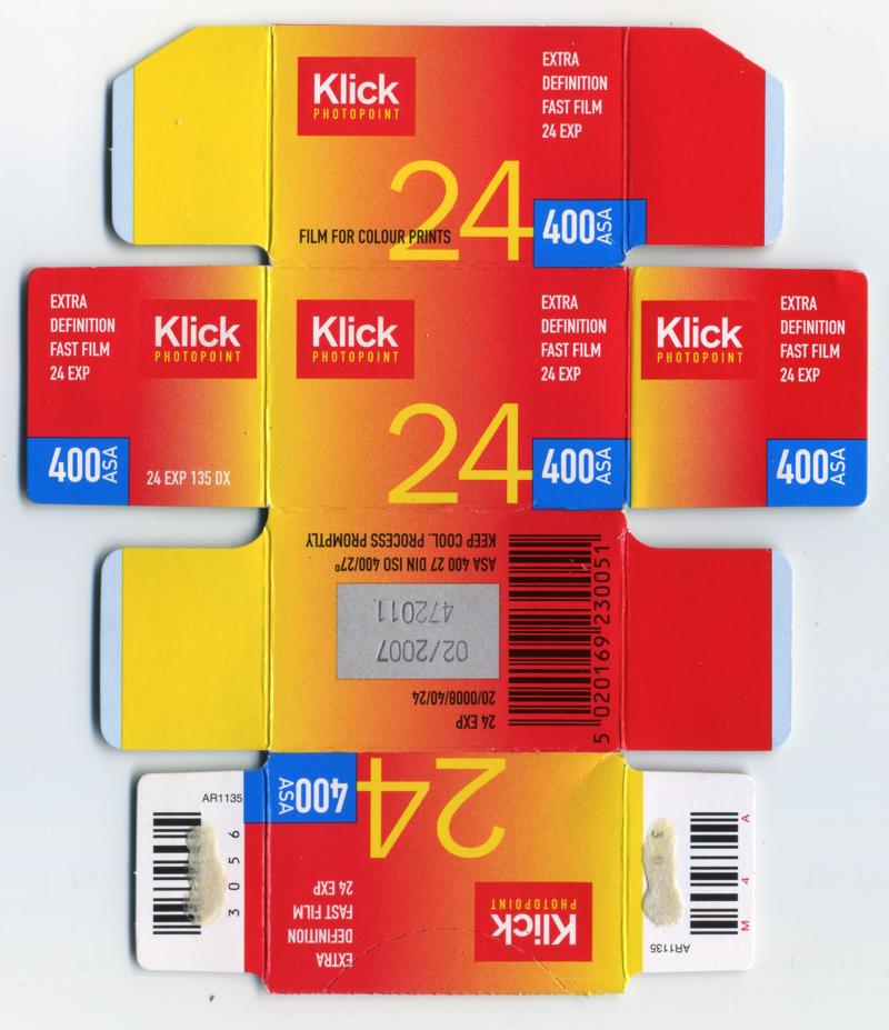 Klick 400ASA 35mm film box outside