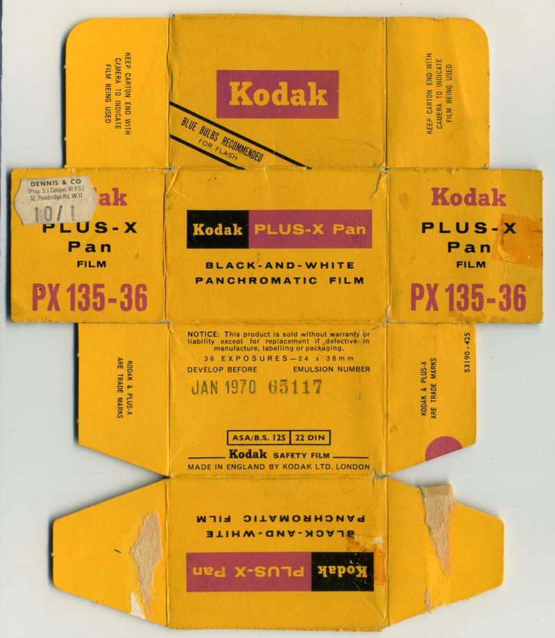 Kodak Plus-X Pan 35mm film box outside