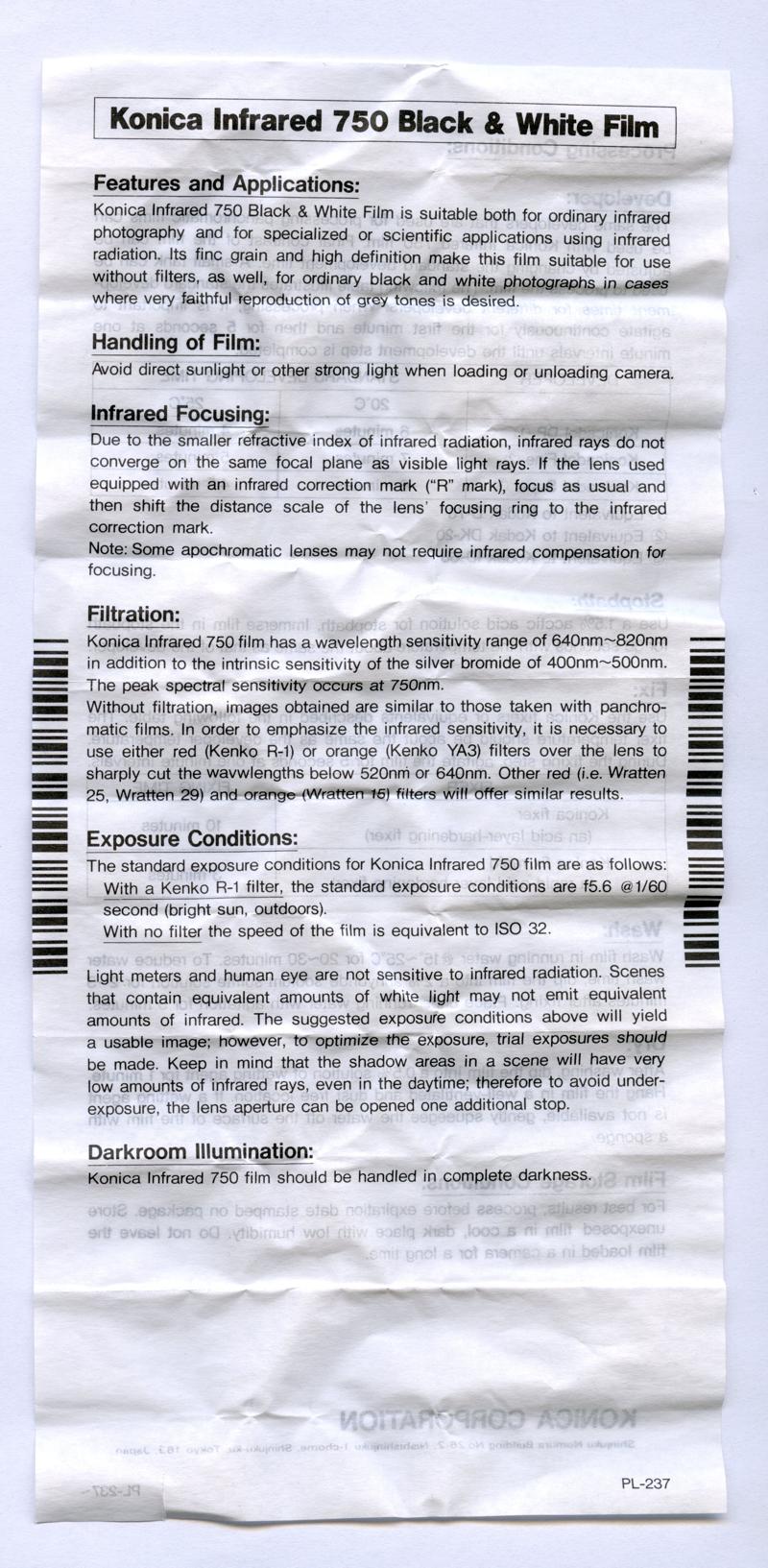 Konica Infrared 750nm 120 film box leaflet