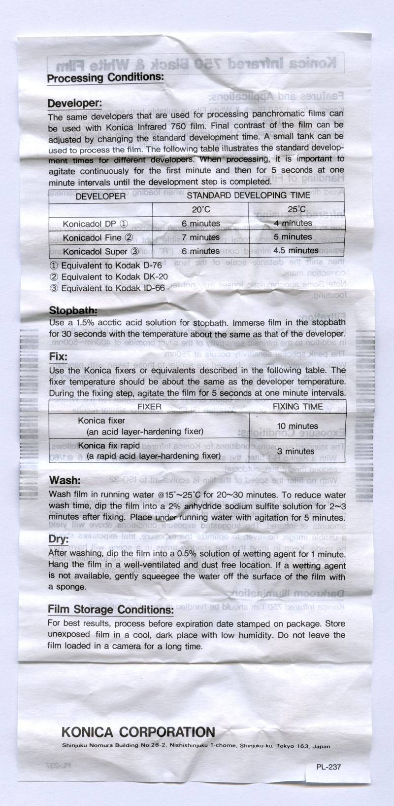 Konica Infrared 750nm 120 film box leaflet