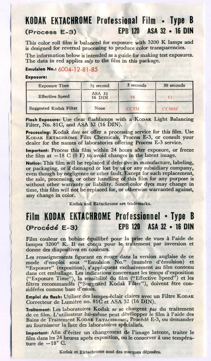 Kodak Ektachrome Professional Type B 120 film box leaflet