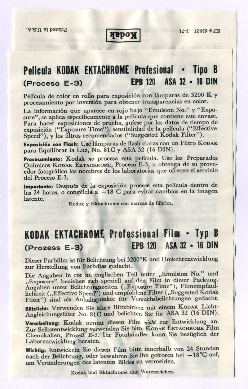 Kodak Ektachrome Professional Type B 120 film box leaflet
