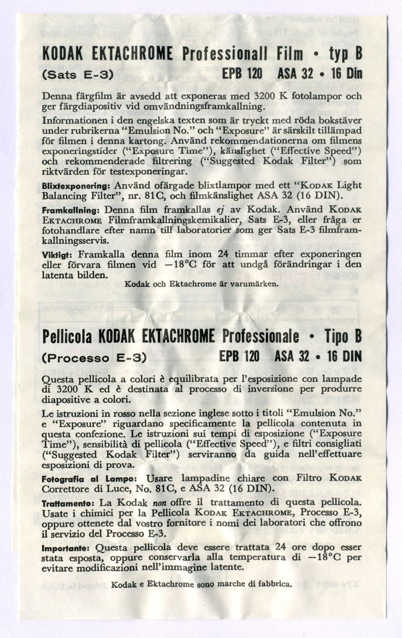 Kodak Ektachrome Professional Type B 120 film box leaflet
