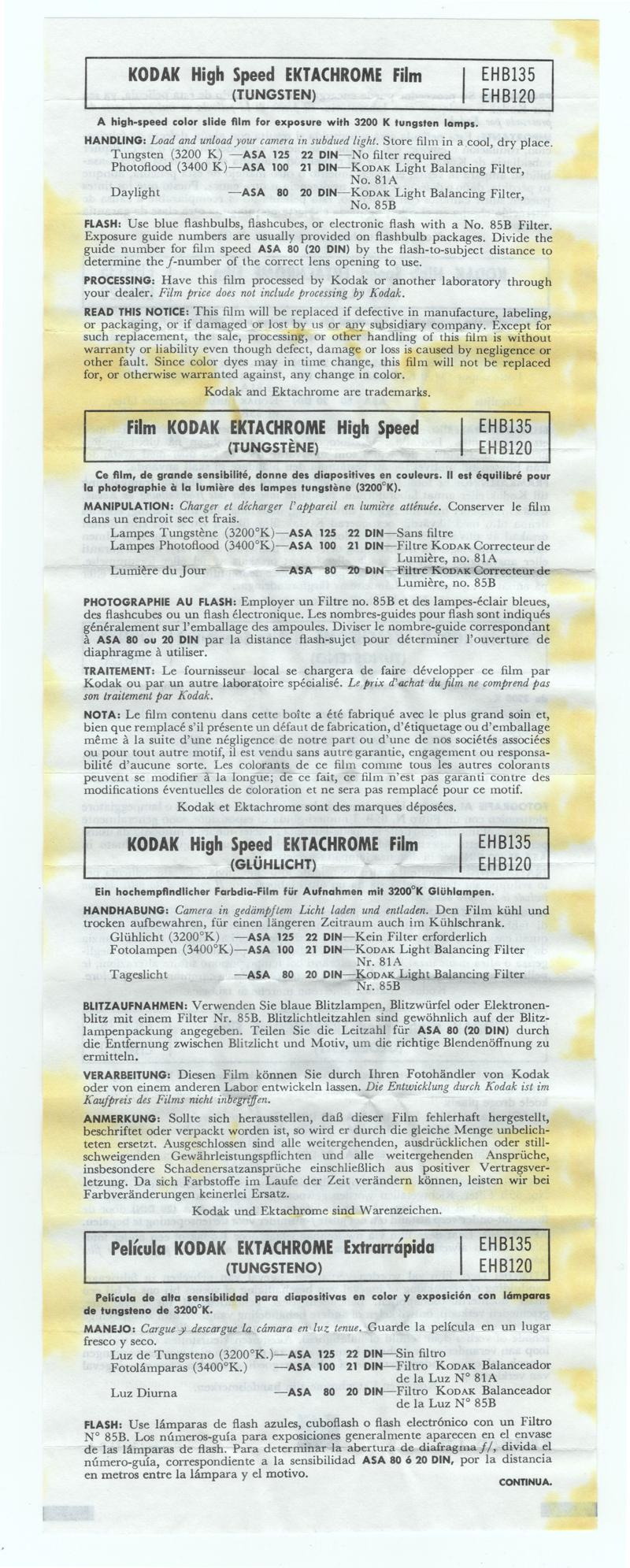 Kodak High Speed Ektachrome 120 film box leaflet