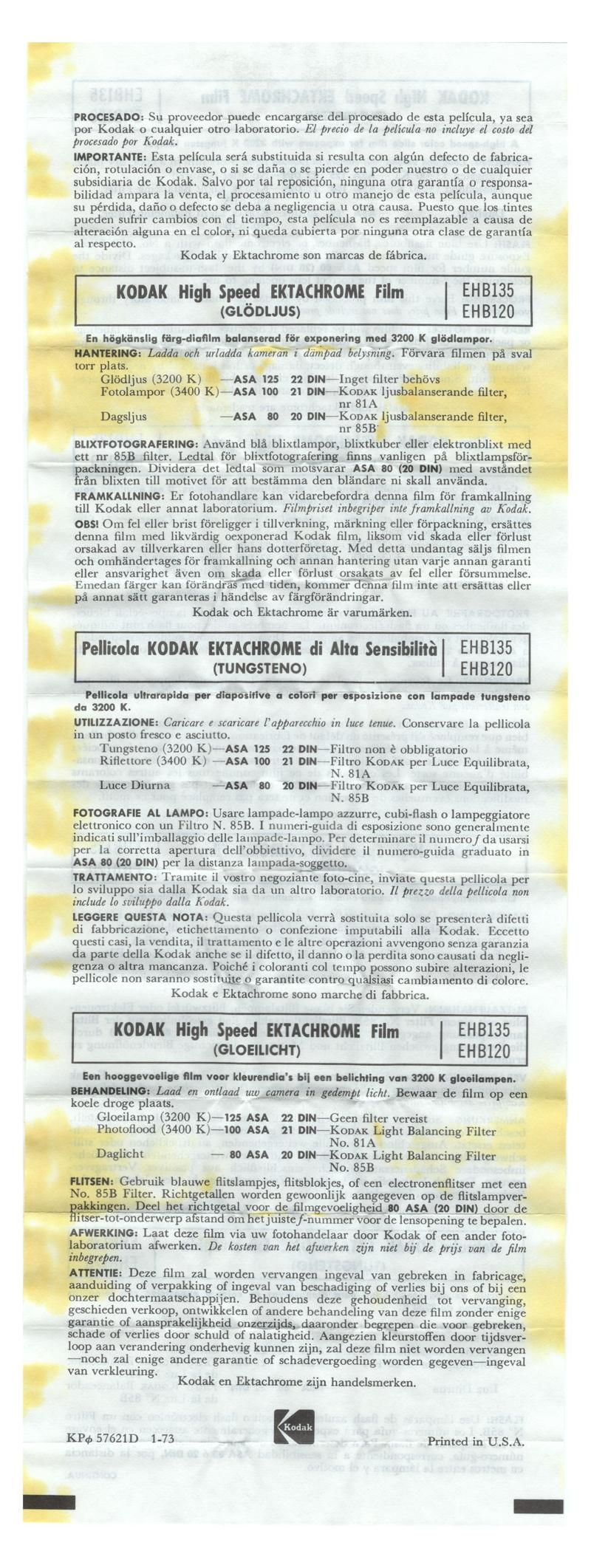 Kodak High Speed Ektachrome 120 film box leaflet