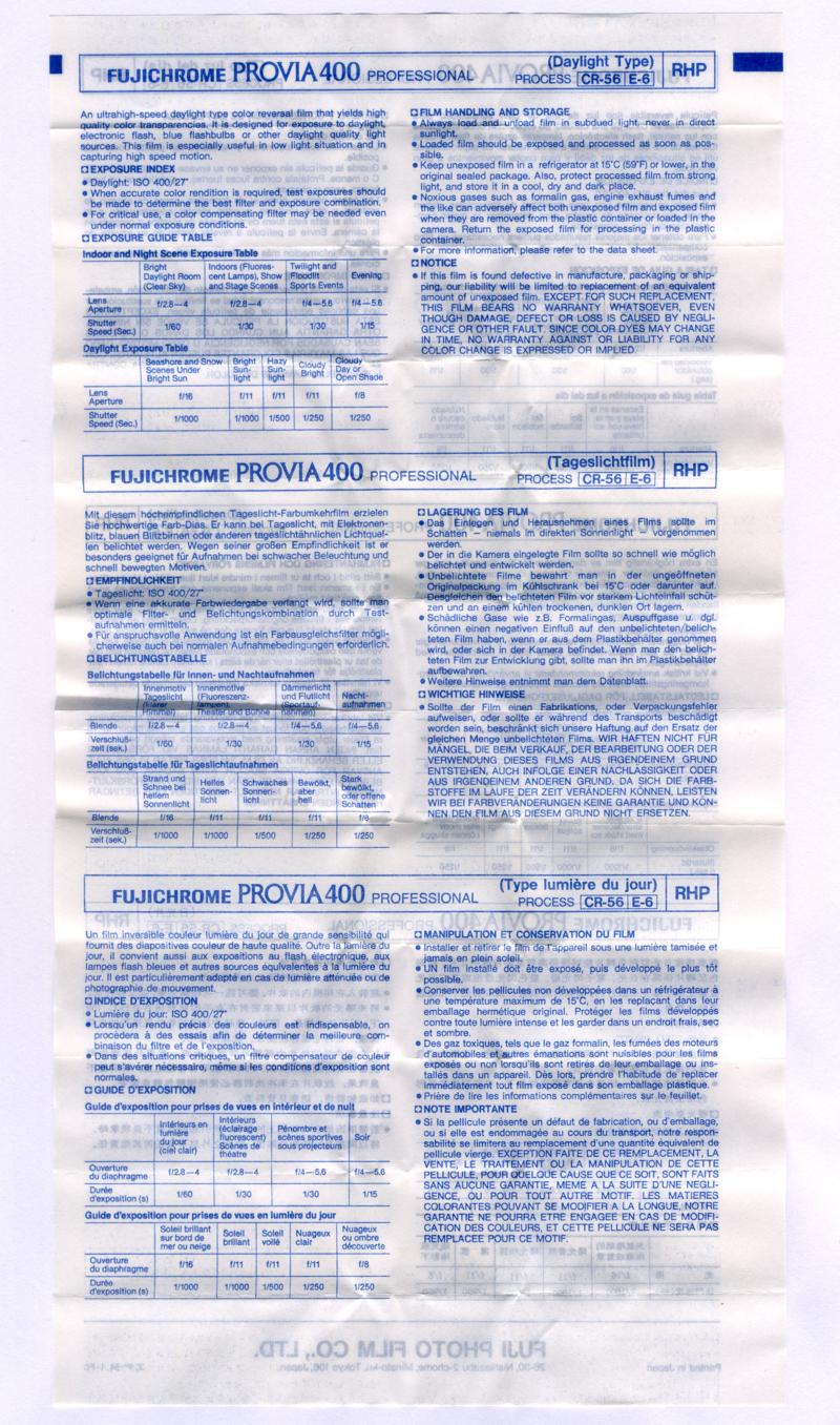 Fujifilm Fujichrome Provia 400 Professional 120 film box leaflet