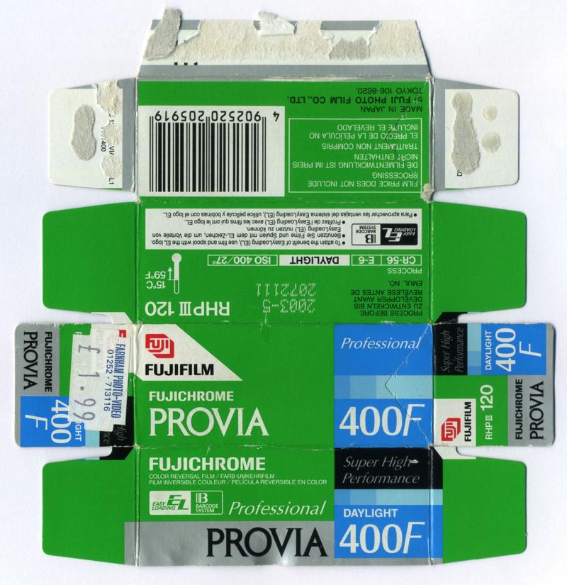 Fujifilm Fujichrome Provia 400F Professional 120 film box outside