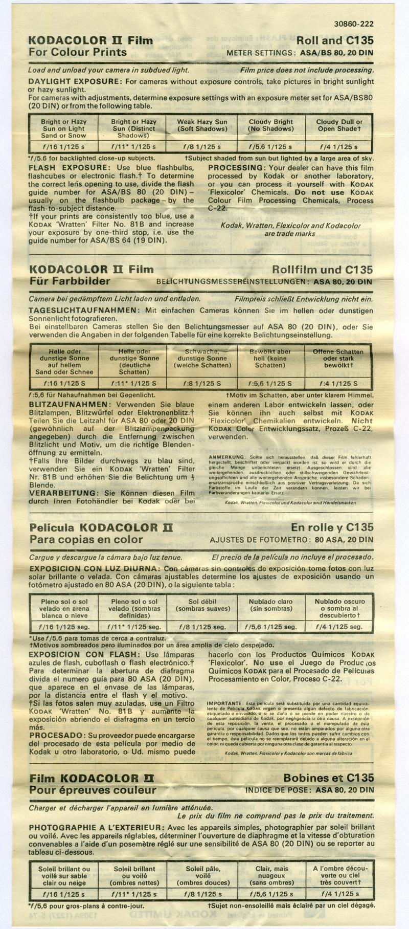 Kodak Kodacolor II 120 film box leaflet