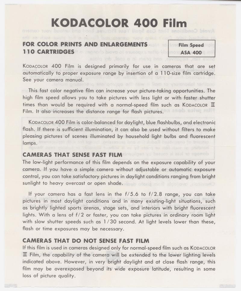 Kodak Kodacolor 400 110 film box leaflet