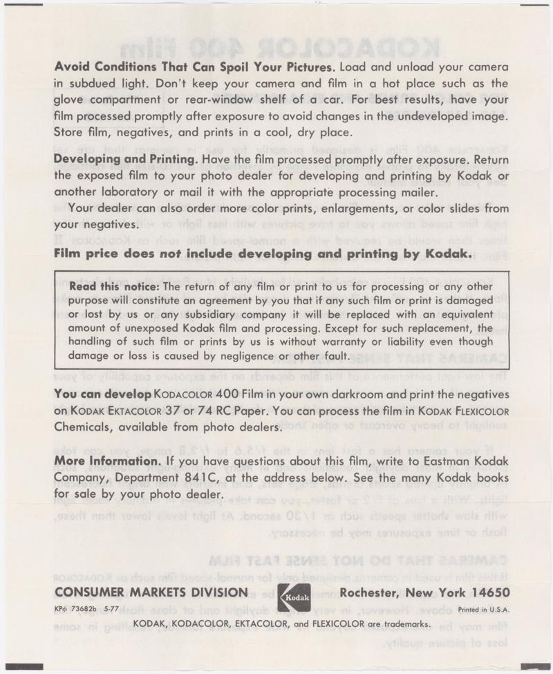Kodak Kodacolor 400 110 film box leaflet