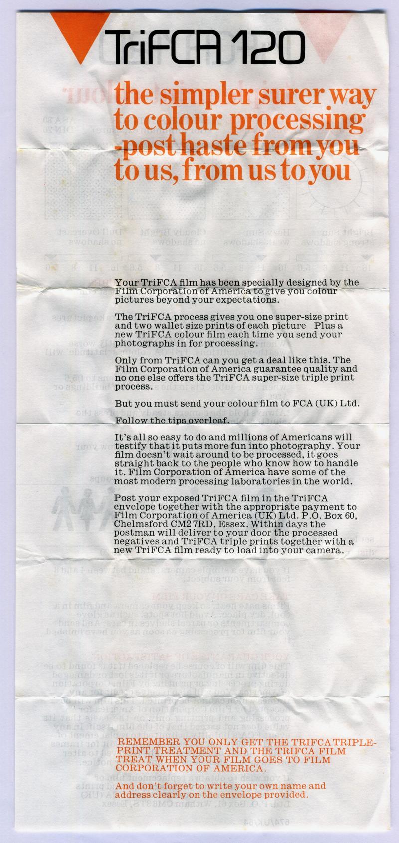 Film Corporation of America TriFCA 120 120 film box leaflet