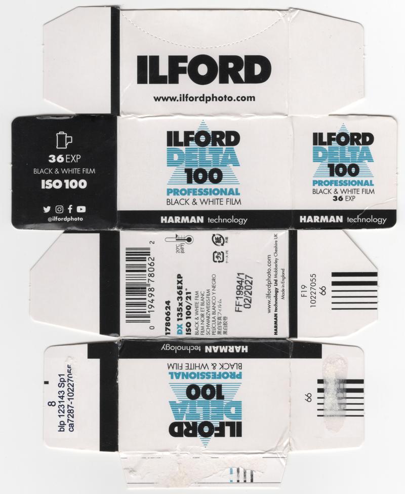 Ilford Delta 100 Professional 35mm film box outside