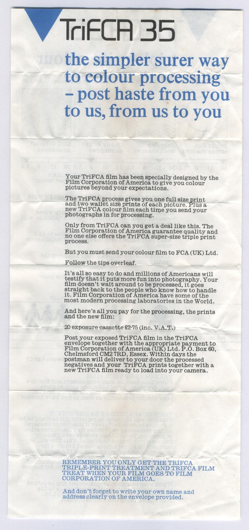 Film Corporation of America TriFCA 35 35mm film box leaflet