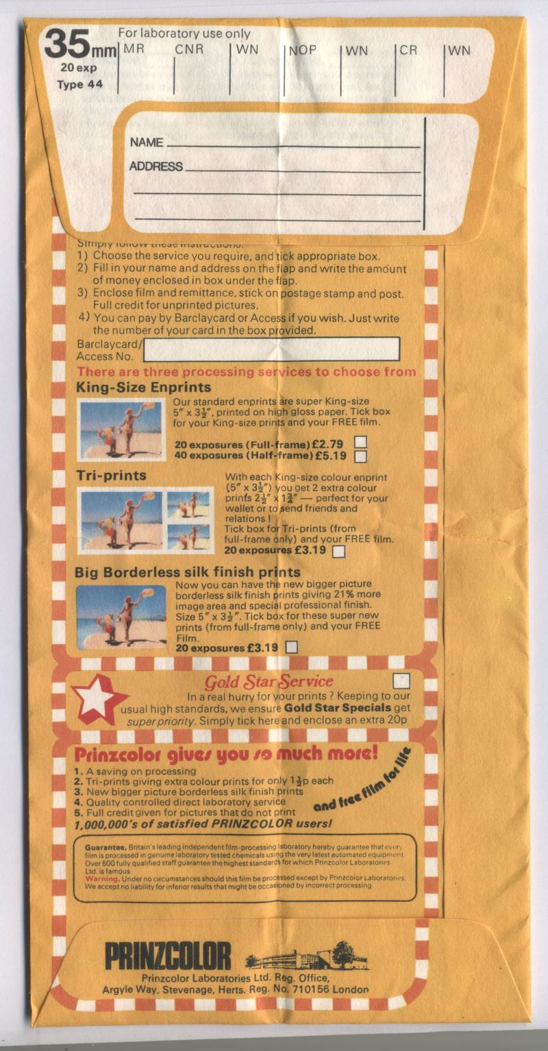 PrinzColor Colour Negative Film 35mm film box processing envelope