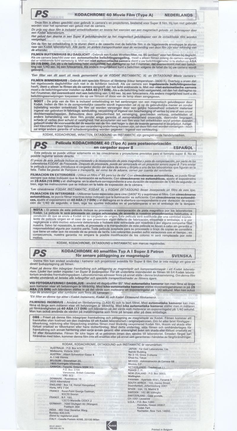 Kodak Kodachrome 40 Movie Film (Type A) for Post-process Sound Striping Super 8 film box leaflet