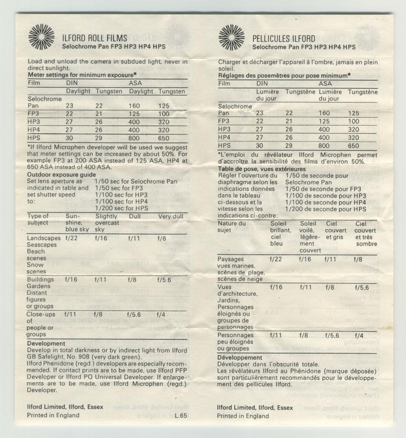 Ilford HP3 620 film box leaflet