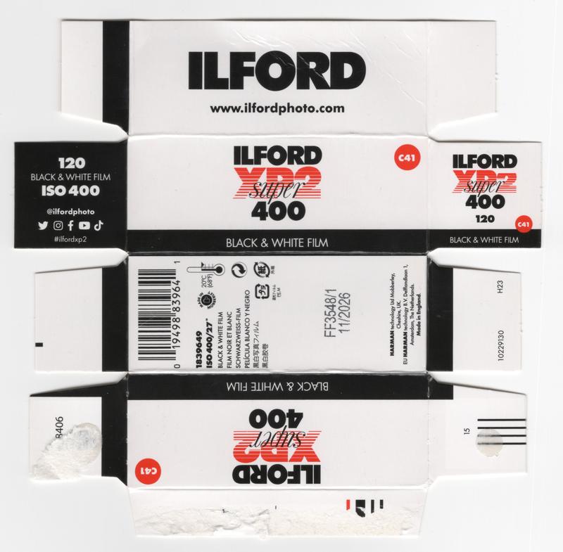 Ilford XP2 Super 120 film box outside