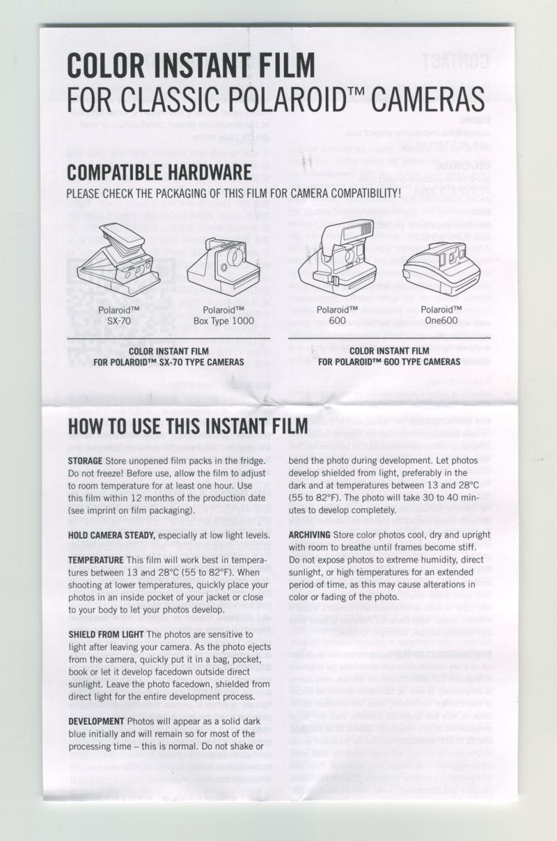 Impossible Project Color Instant Film for Polaroid SX-70 Type Cameras Integral Film film box leaflet