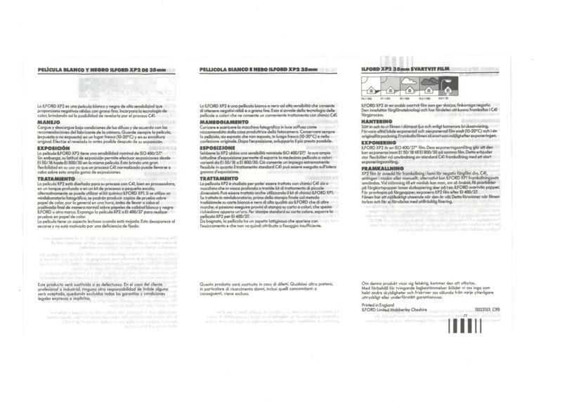 Ilford XP2 35mm film box leaflet