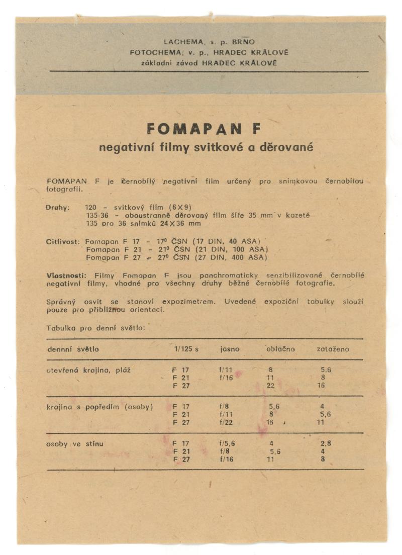 Foma Fomapan F17 120 film box leaflet