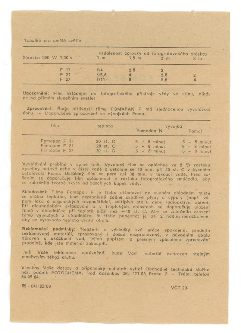 Foma Fomapan F17 120 film box leaflet
