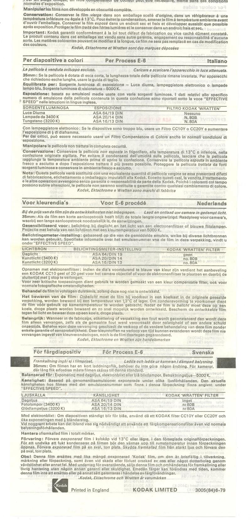 Kodak Ektachrome 64 35mm film box leaflet