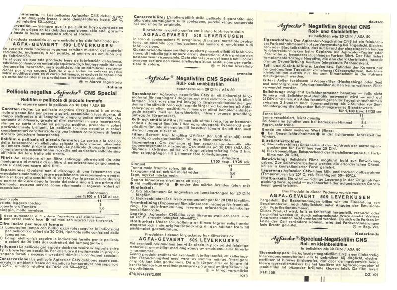 Agfa Agfacolor Negative Film Special CNS 35mm film box leaflet