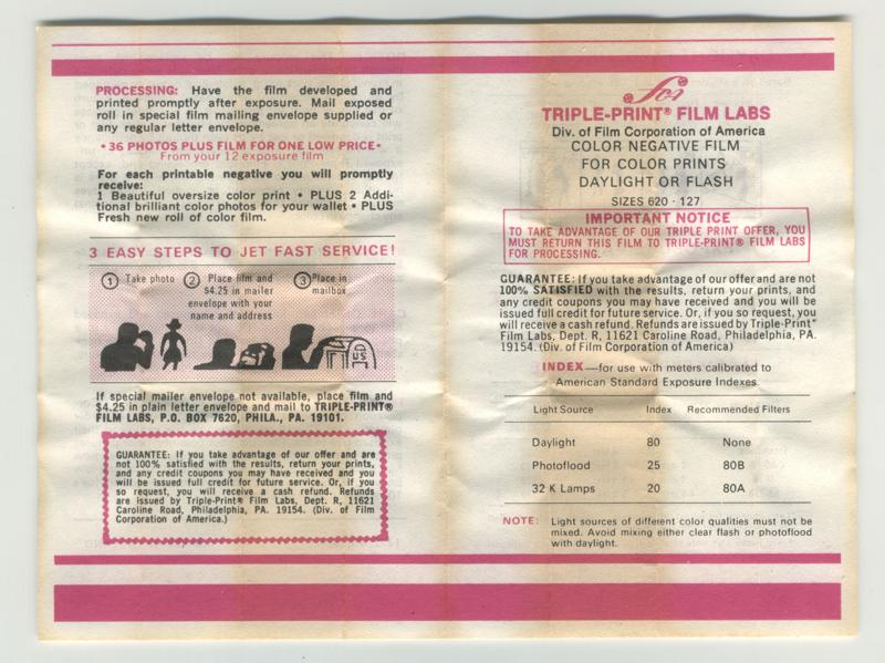 Triple-Print Film Labs Color Negative Film 127 film box leaflet