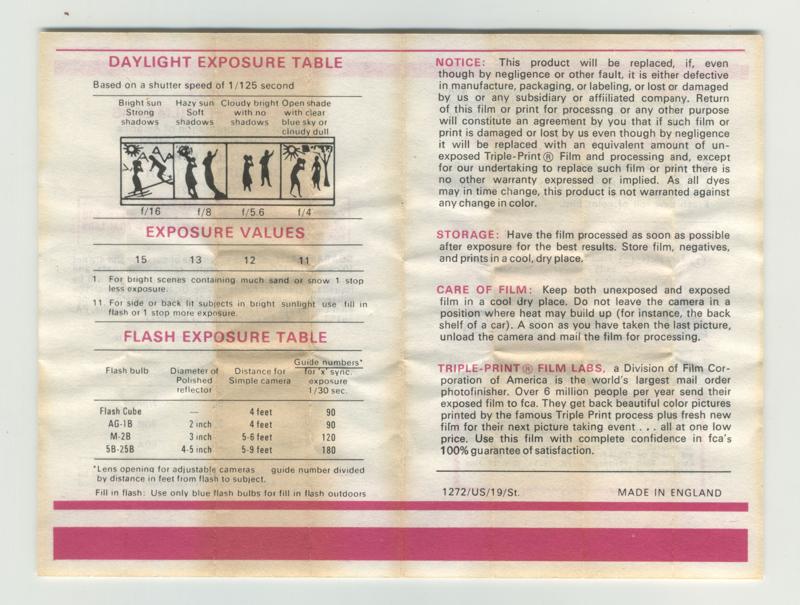 Triple-Print Film Labs Color Negative Film 127 film box leaflet