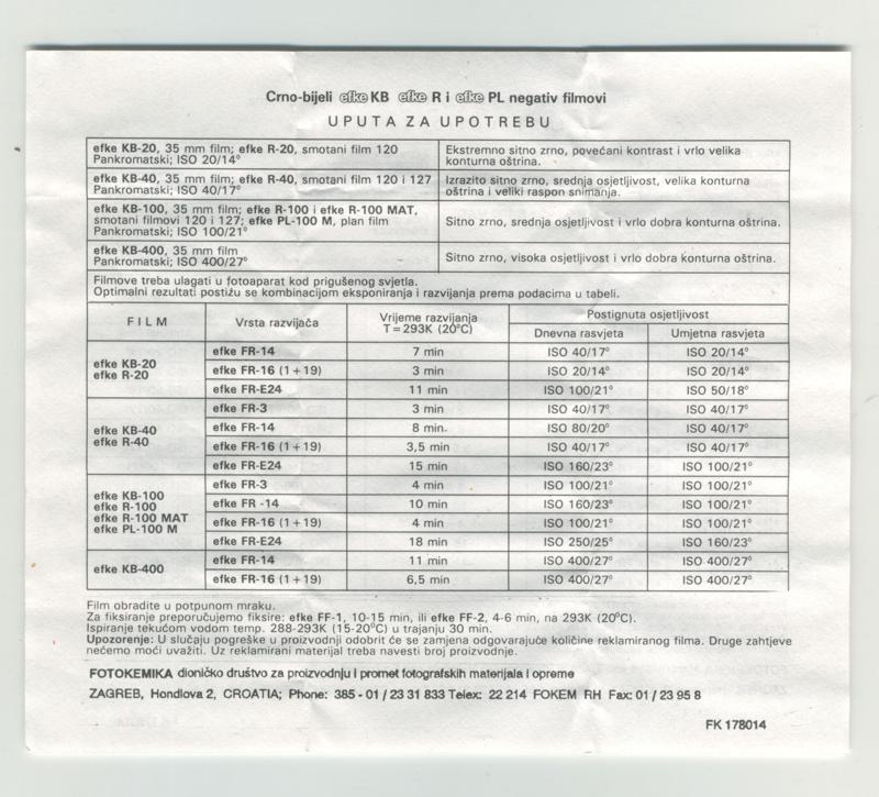 efke R100 127 film box leaflet