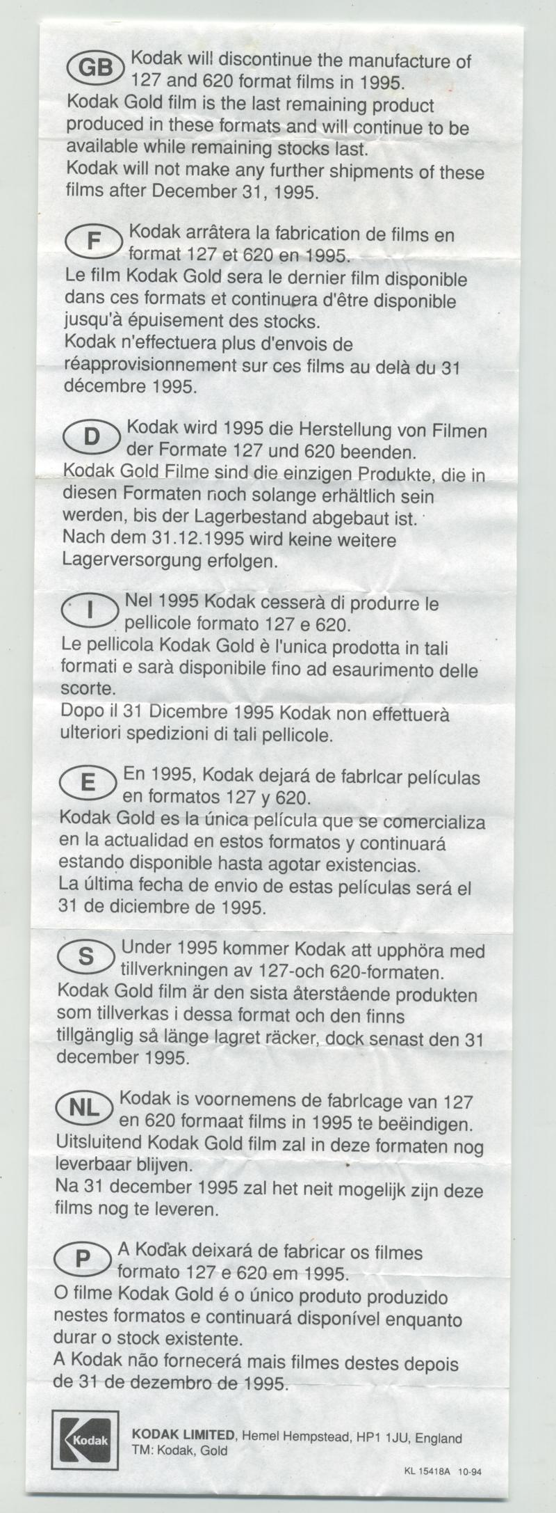 Kodak Gold 620 film box leaflet